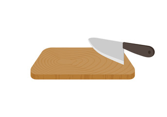 Wooden cutting board and knife isolated on white background