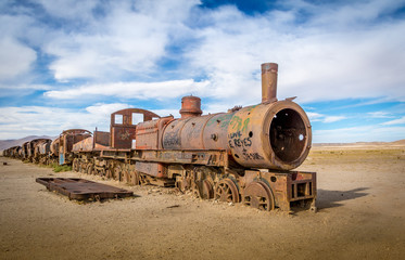 Abandoned rusty old train in train cemetery, Bolivia