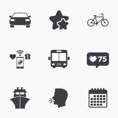 Transport icons. Car, Bicycle, Bus and Ship.