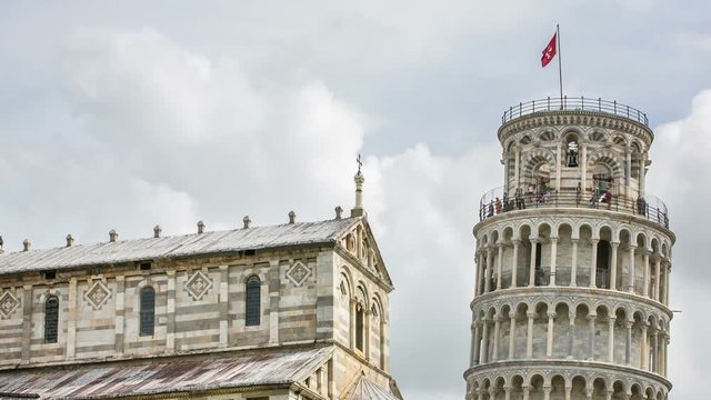 Time lapse Top of Pisa Leaning Tower in cloudy day, Pisa, Italy. The Piazza dei Miracoli, Square of Miracles