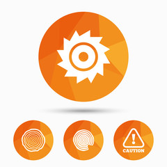Wood and saw circular wheel icons. Attention.
