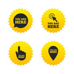 You are here icons. Info speech bubble sign.