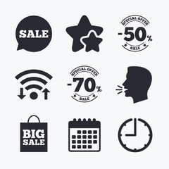 Sale speech bubble icon. Big sale shopping bag.