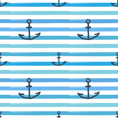 Sea Anchor Hand Drawn Frock And Waves Background Seamless Pattern