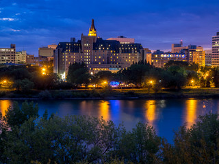 Saskatoon skyline along the Saskatchewan River  in Saskatoon, Saskatchewan