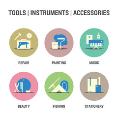 Icons set of tools, instruments, accessories area. Colored.