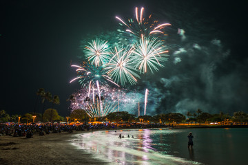 Fireworks light up the sky during Hawaii’s largest fireworks display on the Fourth of July at Ala Moana Beach Park in Honolulu on Oahu.
