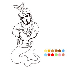 Coloring page with genie and color samples. Vector illustration