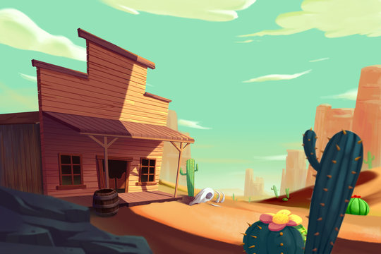 The West Saga, Cowboy's Town. Video Game's Digital CG Artwork, Concept Illustration, Realistic Cartoon Style Background
