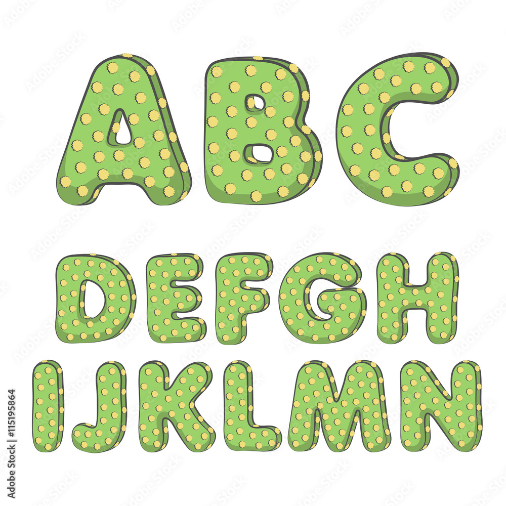 Poster cactus alphabet from a to n. isolated vector objects on white background.