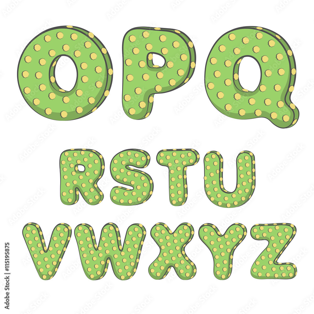 Poster cactus alphabet from o to z. isolated vector objects on white background.