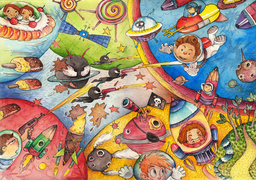 The Interstellar Age in Children's Eyes. Watercolor Artwork
