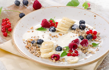 Breakfast of yogurt, berries and muesli.