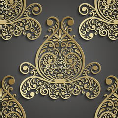 Damask seamless pattern. 3D element with shadow and highlight. Vector illustration.