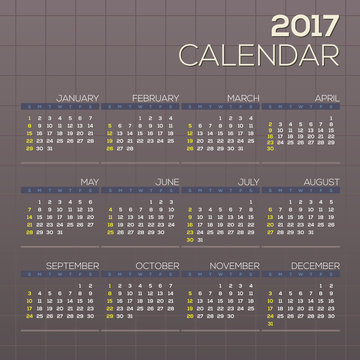 2017 Printable Calendar Starts Sunday Grid Graphic Vector Illustration.