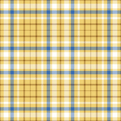 Seamless tartan plaid pattern in white, blue & brown twill on sand yellow background. Classic checkered textile print for vintage casual wear, wallpapers, throws, covers & tablecloths.