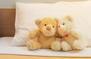 Teddy bears fall in love on a bed of white, vintage filters.