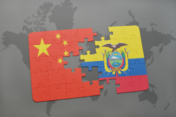 puzzle with the national flag of china and ecuador on a world map background.