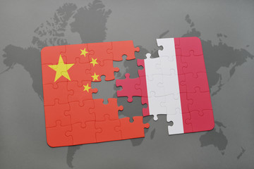 puzzle with the national flag of china and peru on a world map background.