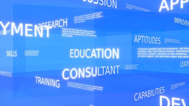 Coaching, development, training word tag cloud - blue variant, loop able, 3D rendering, UHD
