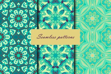Set with three seamless patterns. Decorative vintage patterns with mandalas. Vector backgrounds