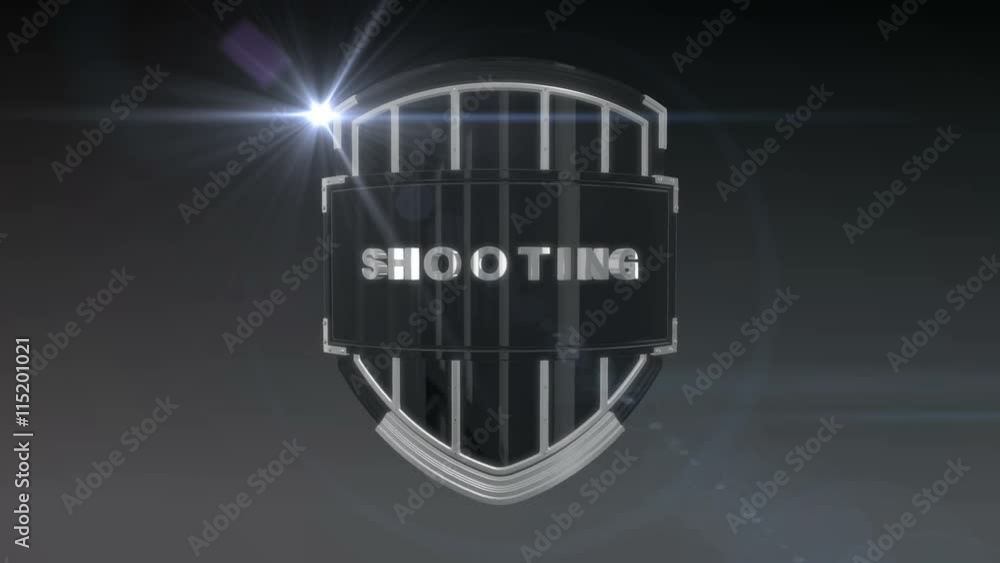 Poster seamless looping 3d animation of the word shooting on a shield – chrome version; including alpha mat