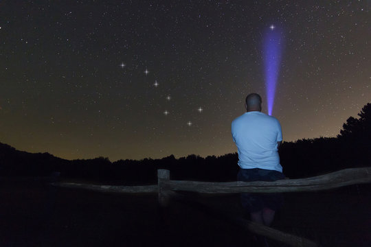 Man with a flashlight pointing to Polaris star. North star. Starry night Ursa Major, Big Dipper constellation. Beautiful night sky. Clear sky concept and background.