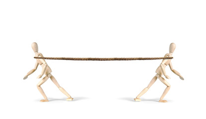 Two men pull a rope in different directions. Tug of war. Abstract image with wooden puppets