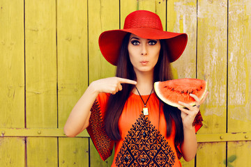 Surprised Woman in Red Hat with Watermelon Slice