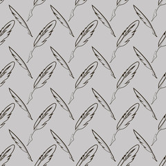 Set of Different Feathers Isolated on Grey Background. Seamless Feather Pattern