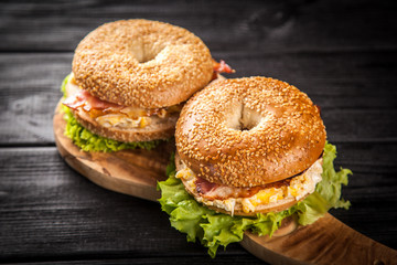 Bagel with bacon and egg