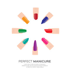 Different colorful nail shapes icons. Woman fingers. Fingernails fashion trends. Types of fashion nail shapes. Vector design illustration on pastel background