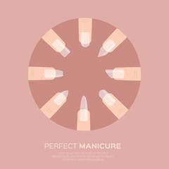 Different nail shapes icons. Woman fingers. Fingernails fashion trends. Types of fashion nail shapes. Vector design illustration on pastel background