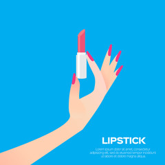 Pink lipstick and elegant women's hand. Cosmetic concept. Beauty product. Design vector illustration.