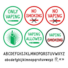Vaping Prohibition and Allowing signs. Vector hand-drawn lettering. 