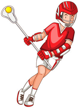 Man in red outfit playing lacrosse