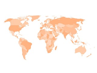 Blank political map of world in four shades of orange and white background. Simplified vector map.