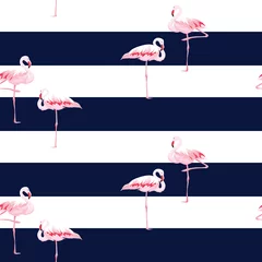 Rolgordijnen Flamingo Roze flamingo naadloos patroon met strepen
