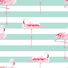 Tapeten Flamingo Nahtloses Muster des rosa Flamingos mit Streifen