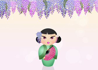 kokeshi doll and wisteria flowers