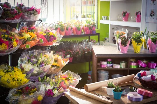 Bouquet of flower and gift wrapping items