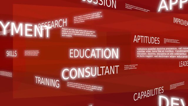 Coaching, development, training word tag cloud - red variant, loop able, 3D rendering, UHD