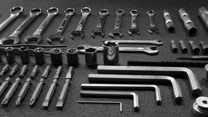 Hardware equipment. Set of variety mechanical tools angle shot
