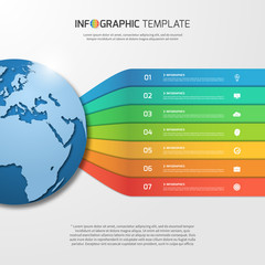 Infographic template with globe for graphs, charts, diagrams. Business, education, technology and transportation concept with 7 options, parts, steps, processes.