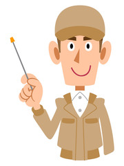 指し棒を持つ作業着の男性
