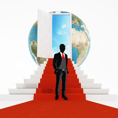 Businessman standing on the red carpet leading to the open door. 3D illustration