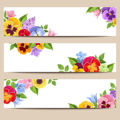 Set of three vector web banners with colorful pansies, harebell and lilac flowers.