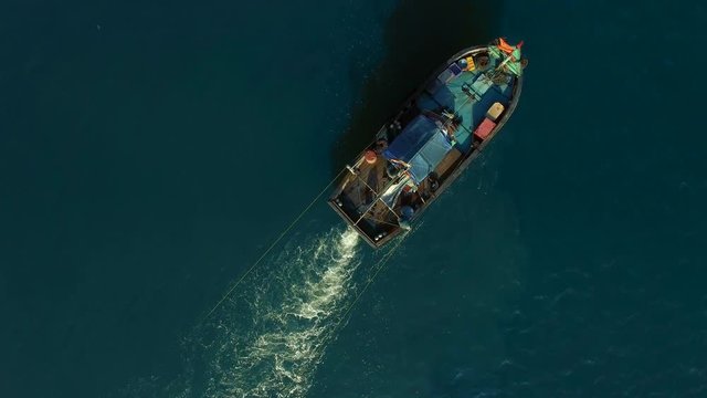 Aerial view of fishing boat, Goa, India.