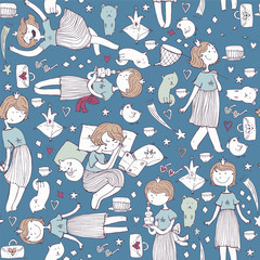 Vector seamless pattern with cute girl princess, cats. crown, bears, cakes, stars and hearts on blue. Colorful illustration, hand drawn, good for wrapping paper, print, kids illustration, backgrounds.