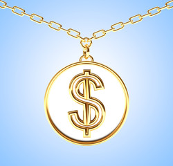 Golden medallion with dollar sign on a chain on blue background.